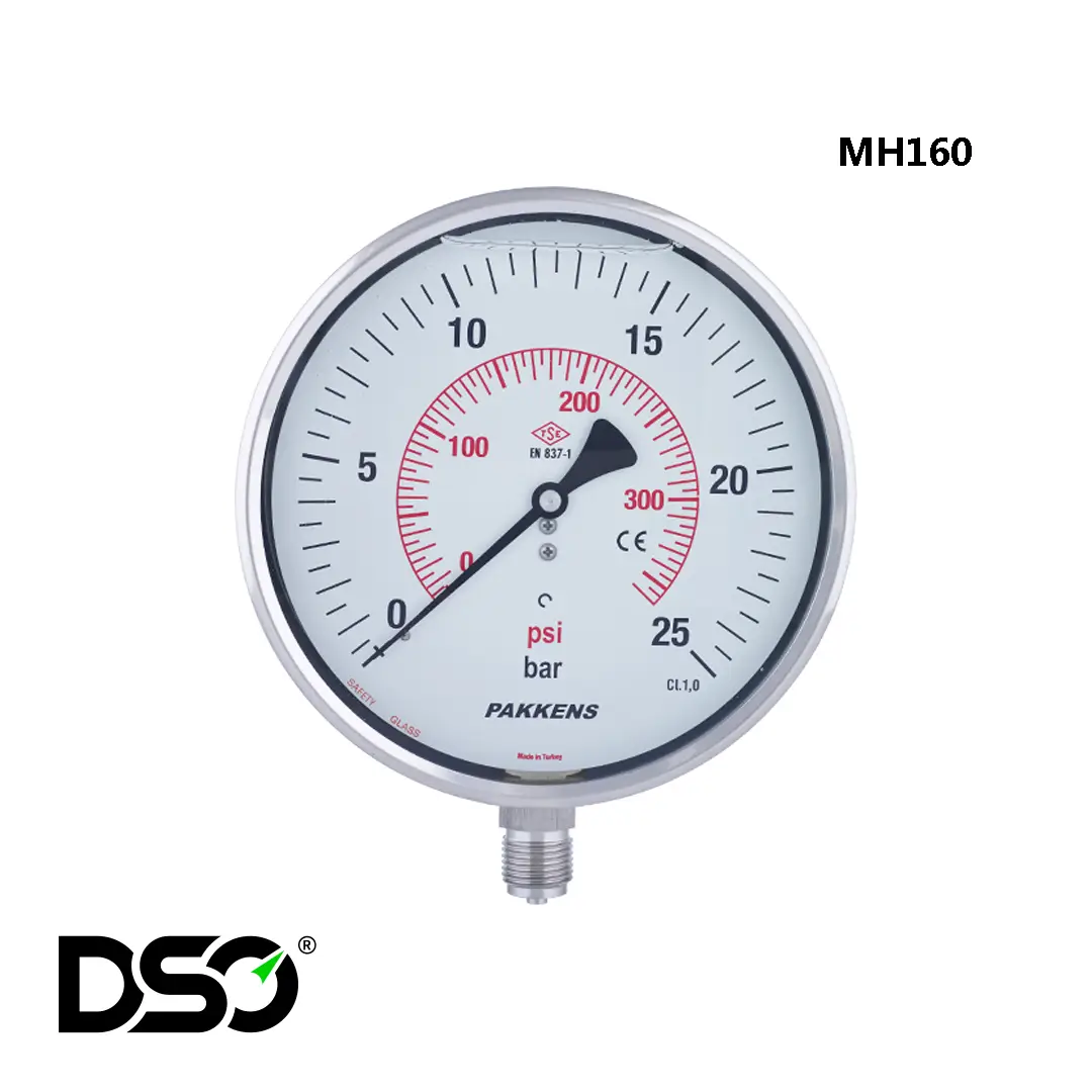 گیج فشار روغنی پکنز مدل MH160 صفحه 16 سانت 25 بار ( بوردون استنلس استیل)