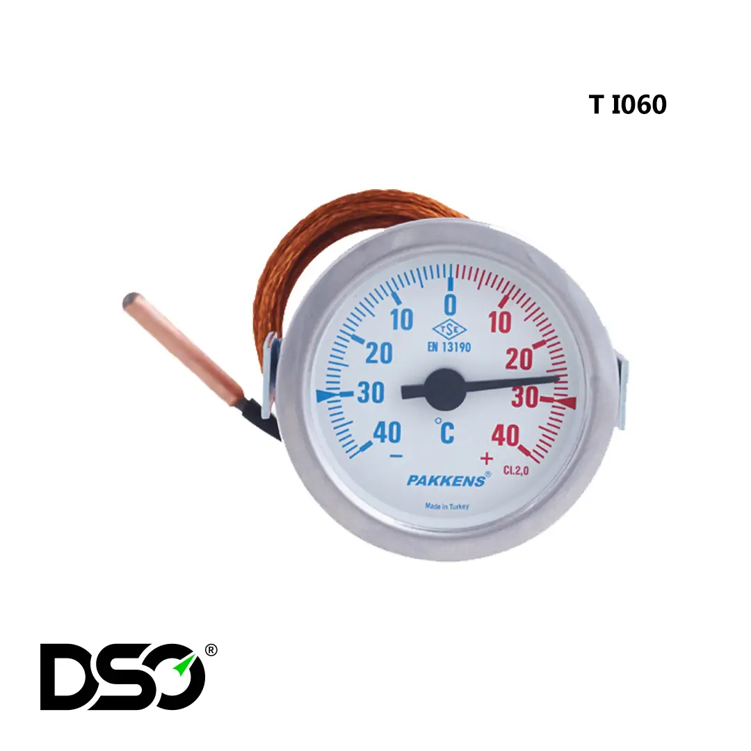 ترمومتر گازی پکنز مدل TI 060 با کاپیلاری، رنج اندازه‌گیری 40- تا 40+ درجه سانتی‌گراد و کلاس دقت 2.0 درصد و اندازه صفحه 6 سانت